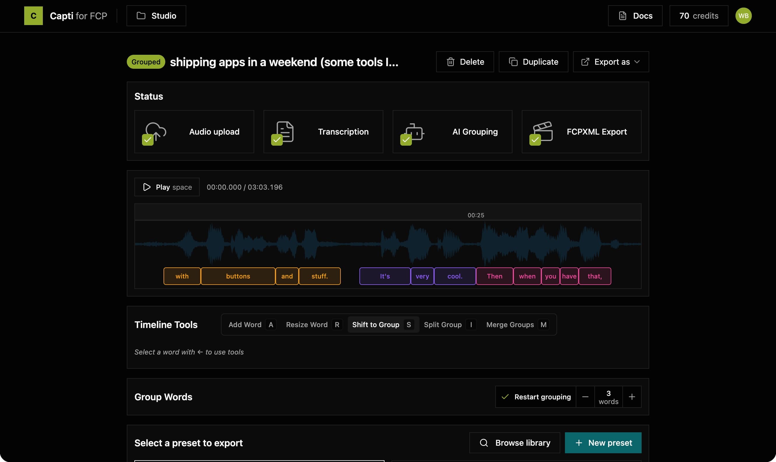 Capti interface showing transcription workflow